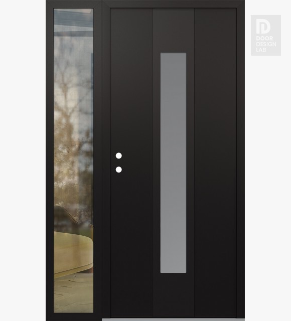 Modern Steel Front Door DIAMOND A1 52" X 80" BLACK/WHITE FROSTED GLASS PANEL BLACK RHI WITH SIDELITE CLEAR GLASS
