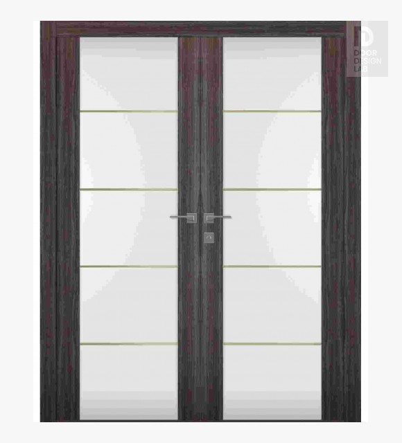 Palladio 202 4H Gold Strips Vetro Gray Oak Modern Interior Double Swing Doors by Belldinni
