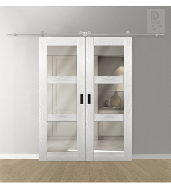 DOUBLE BARN DOOR AVON 3 LITE VETRO RIBEIRA ASH 72" X 96" X 1 3/4" STAINLESS STEEL HARDWARE