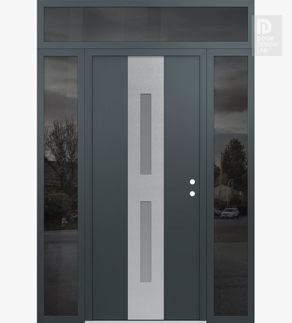 Modern Steel Front Door DIAMOND A6 60" X 96" ANTHRACITE/ANTHRACITE FROSTED GLASS PANEL STAINLESS STEEL LHI WITH 2 SIDELITES AND TRANSOM MIRRORED GLASS