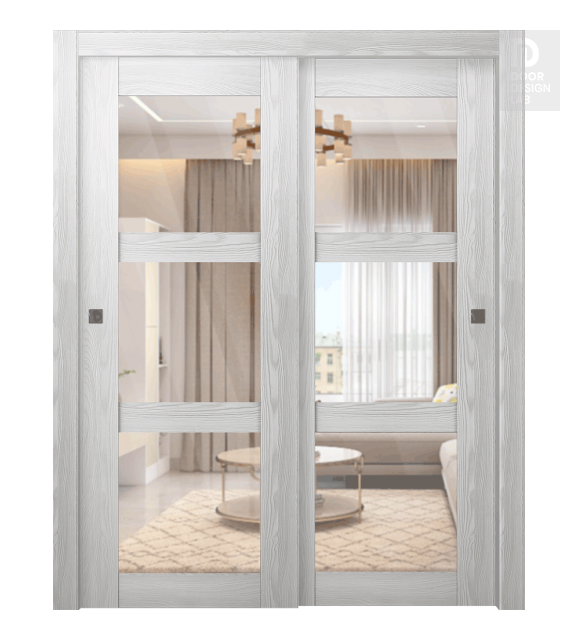 Avon 3 Lite Clear Vetro Ribeira Ash Modern Interior Bypass Doors by Belldinni