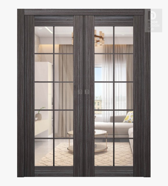 Palladio 10 Lite Clear Vetro Gray Oak Modern Interior Double Pocket Doors by Belldinni
