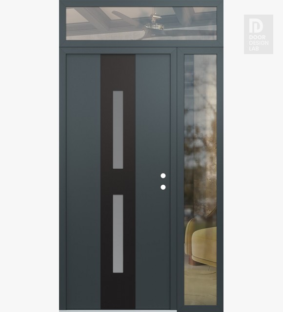 Modern Steel Front Door DIAMOND A6 48" X 96" ANTHRACITE/ANTHRACITE FROSTED GLASS PANEL BLACK LHI WITH SIDELITE AND TRANSOM CLEAR GLASS