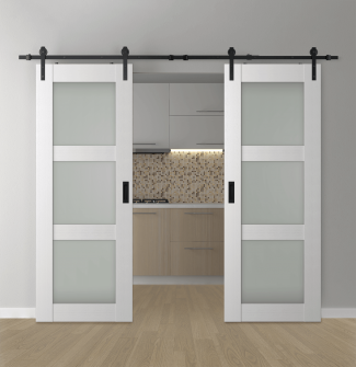 DOUBLE BARN DOOR PALLADIO 3 LITE VETRO BIANCO NOBLE 36" X 96" X 1 9/16" TEMPERED FROSTED GLASS BLACK HARDWARE