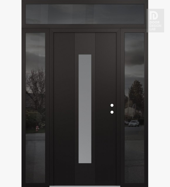 Modern Steel Front Door DIAMOND A1 64" X 96" BLACK/WHITE FROSTED GLASS PANEL BLACK LHI WITH 2 SIDELITES AND TRANSOM MIRRORED GLASS