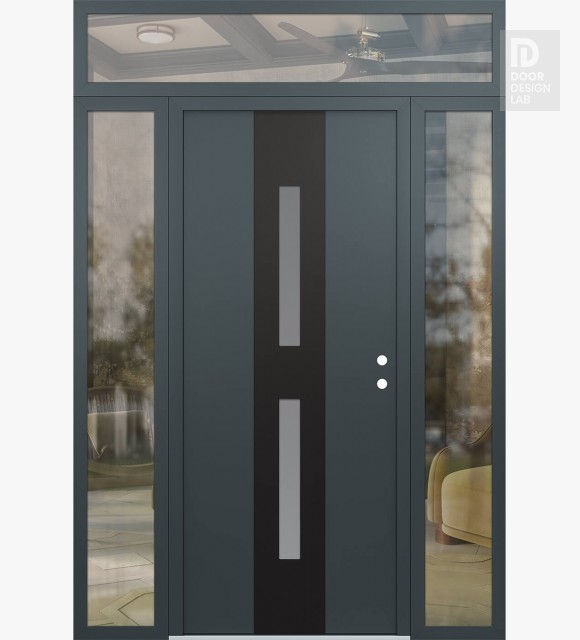 Modern Steel Front Door DIAMOND A6 68" X 96" ANTHRACITE/ANTHRACITE FROSTED GLASS PANEL BLACK LHI WITH 2 SIDELITES AND TRANSOM CLEAR GLASS