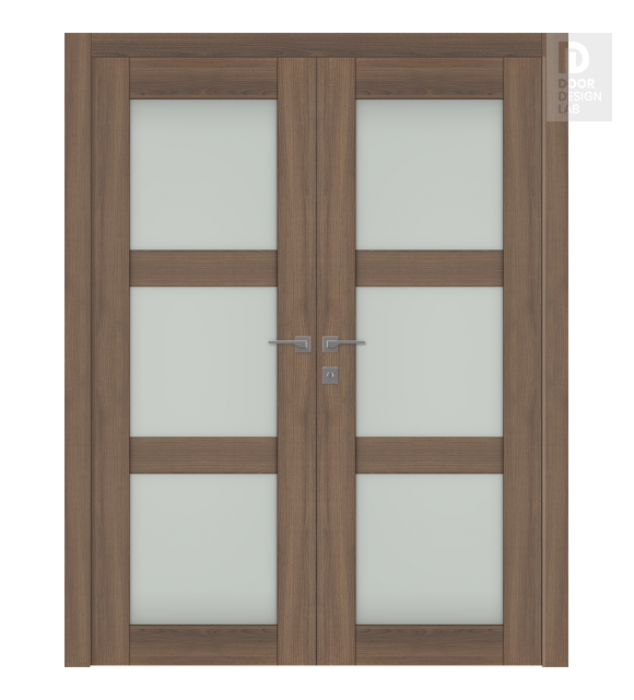 Avon 3 Lite Vetro Pecan Nutwood Modern Interior Double Swing Doors by Belldinni