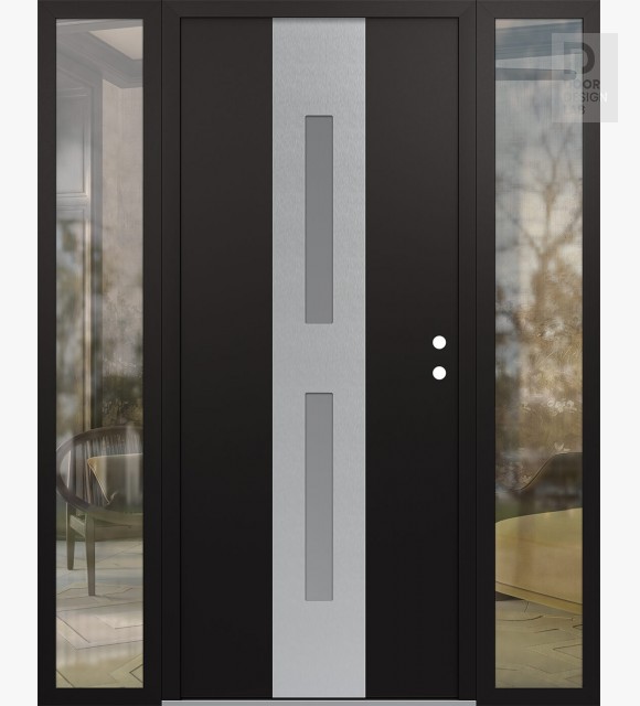 Modern Steel Front Door DIAMOND A6 64" X 80" BLACK/WHITE FROSTED GLASS PANEL STAINLESS STEEL LHI WITH 2 SIDELITES CLEAR GLASS