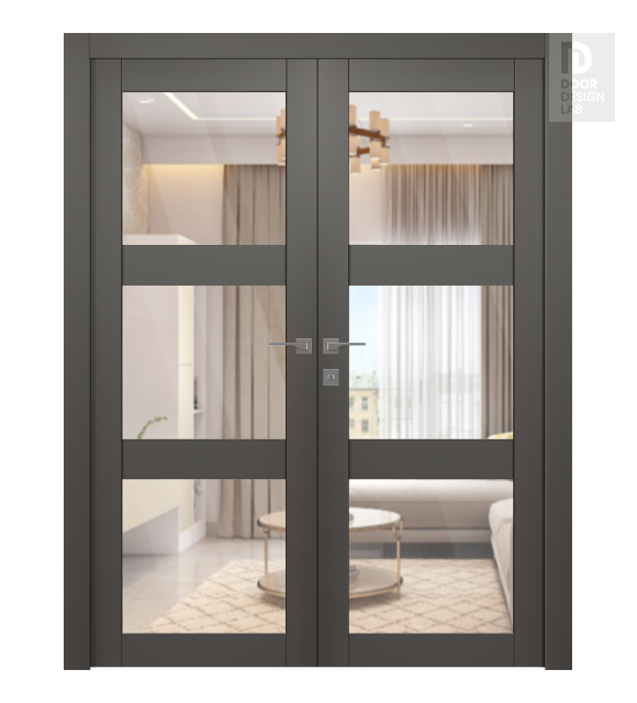 Avon 3 Lite Clear Vetro Gray Matte Modern Interior Double Swing Doors by Belldinni