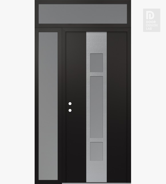 Modern Steel Front Door DIAMOND A9 48" X 96" BLACK/WHITE FROSTED GLASS PANEL STAINLESS STEEL RHI WITH SIDELITE AND TRANSOM FROSTED GLASS