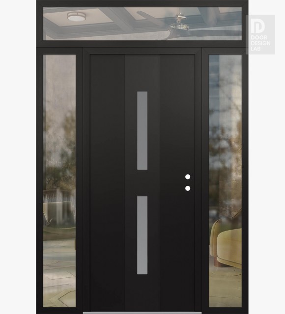 Modern Steel Front Door DIAMOND A6 64" X 96" BLACK/WHITE FROSTED GLASS PANEL BLACK LHI WITH 2 SIDELITES AND TRANSOM CLEAR GLASS