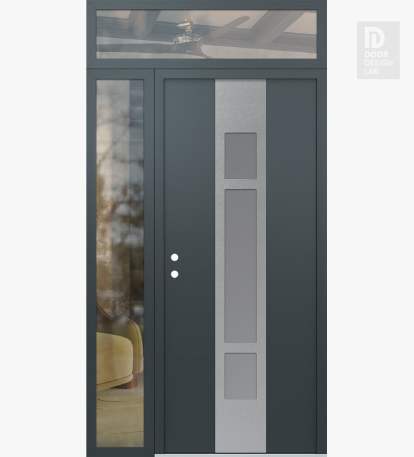Modern Steel Front Door DIAMOND A9 52" X 96" ANTHRACITE/ANTHRACITE FROSTED GLASS PANEL STAINLESS STEEL RHI WITH SIDELITE AND TRANSOM CLEAR GLASS