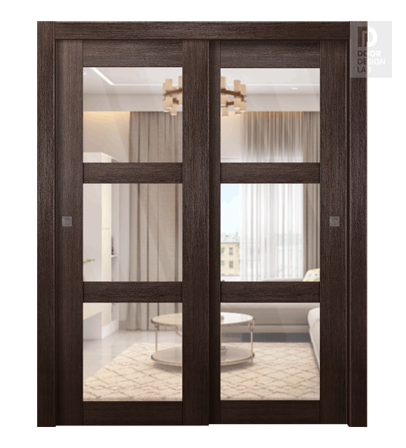 Avon 3 Lite Clear Vetro Veralinga Oak Modern Interior Bypass Doors by Belldinni