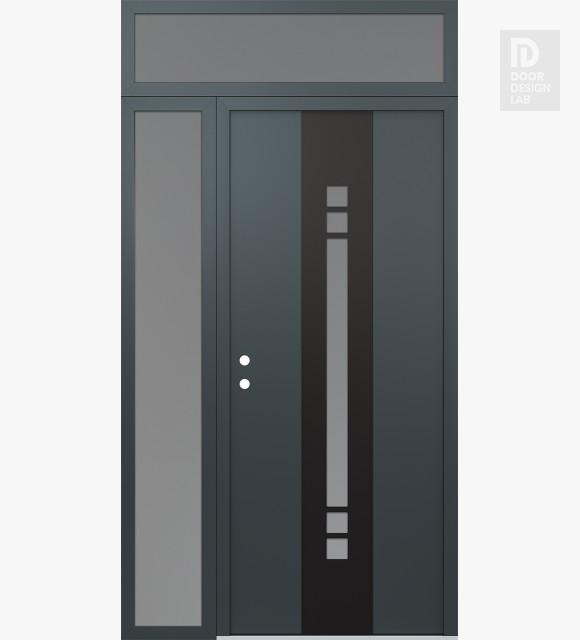 Modern Steel Front Door DIAMOND A4 50" X 96" ANTHRACITE/ANTHRACITE FROSTED GLASS PANEL BLACK RHI WITH SIDELITE AND TRANSOM FROSTED GLASS