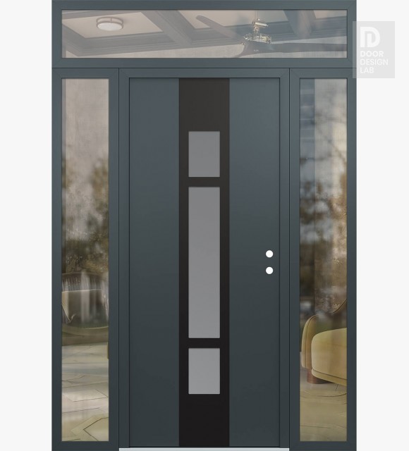Modern Steel Front Door DIAMOND A9 68" X 96" ANTHRACITE/ANTHRACITE FROSTED GLASS PANEL BLACK LHI WITH 2 SIDELITES AND TRANSOM CLEAR GLASS