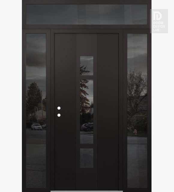 Modern Steel Front Door DIAMOND A9 68" X 96" BLACK/BLACK MIRRORED GLASS PANEL BLACK RHI WITH 2 SIDELITES AND TRANSOM MIRRORED GLASS