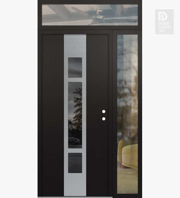 Modern Steel Front Door DIAMOND A9 50" X 96" BLACK/BLACK MIRRORED GLASS PANEL STAINLESS STEEL LHI WITH SIDELITE AND TRANSOM CLEAR GLASS