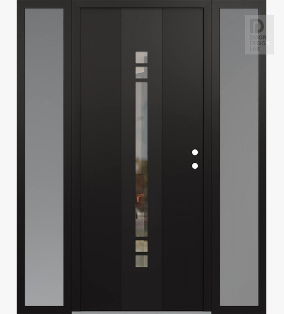 Modern Steel Front Door DIAMOND A4 64" X 80" BLACK/BLACK CLEAR GLASS PANEL BLACK LHI WITH 2 SIDELITES FROSTED GLASS