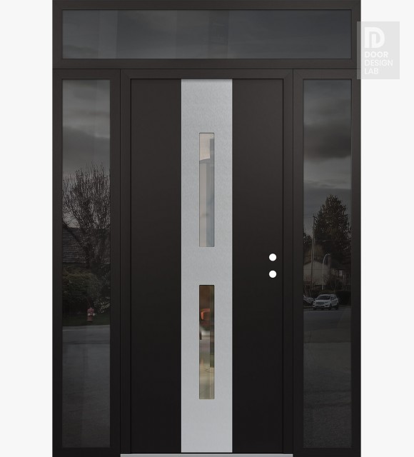 Modern Steel Front Door DIAMOND A6 68" X 96" BLACK/BLACK CLEAR GLASS PANEL STAINLESS STEEL LHI WITH 2 SIDELITES AND TRANSOM MIRRORED GLASS