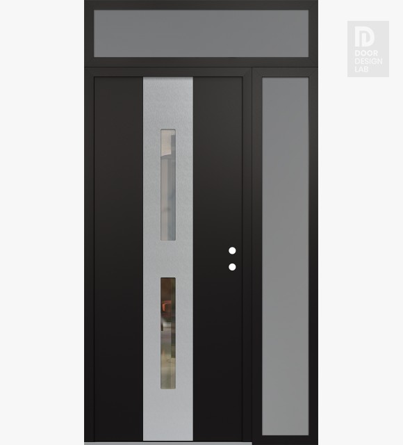 Modern Steel Front Door DIAMOND A6 48" X 96" BLACK/BLACK CLEAR GLASS PANEL STAINLESS STEEL LHI WITH SIDELITE AND TRANSOM FROSTED GLASS