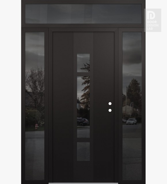 Modern Steel Front Door DIAMOND A9 68" X 96" BLACK/BLACK MIRRORED GLASS PANEL BLACK LHI WITH 2 SIDELITES AND TRANSOM MIRRORED GLASS