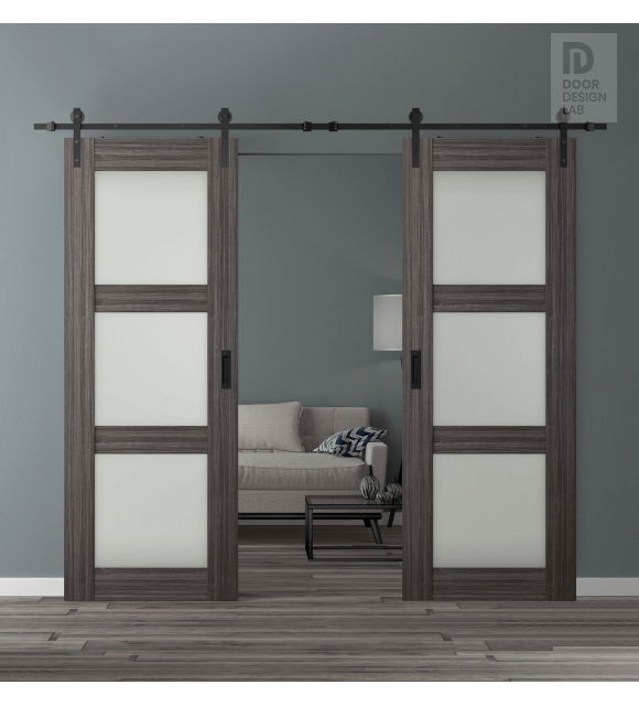 DOUBLE BARN DOOR PALLADIO 3 LITE VETRO GRAY OAK 36" X 96" X 1 9/16" TEMPERED FROSTED GLASS BLACK HARDWARE
