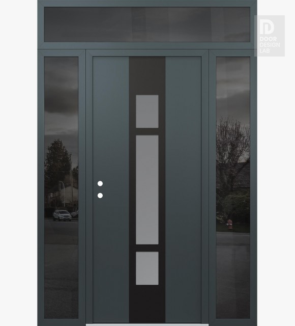 Modern Steel Front Door DIAMOND A9 64" X 96" ANTHRACITE/ANTHRACITE FROSTED GLASS PANEL BLACK RHI WITH 2 SIDELITES AND TRANSOM MIRRORED GLASS