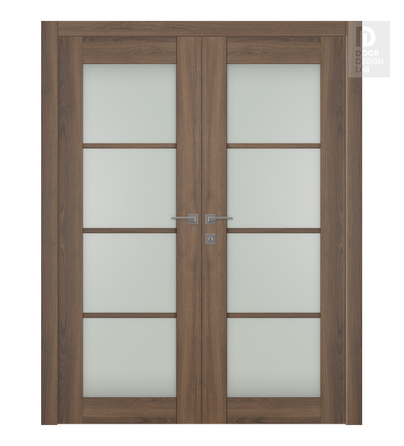Avon 4 Lite Vetro Pecan Nutwood Modern Interior Double Swing Doors by Belldinni