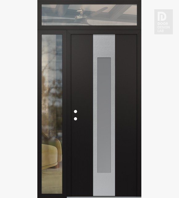 Modern Steel Front Door DIAMOND A1 48" X 96" BLACK/WHITE FROSTED GLASS PANEL STAINLESS STEEL RHI WITH SIDELITE AND TRANSOM CLEAR GLASS
