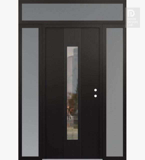Modern Steel Front Door DIAMOND A1 64" X 96" BLACK/BLACK CLEAR GLASS PANEL BLACK LHI WITH 2 SIDELITES AND TRANSOM FROSTED GLASS