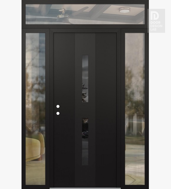 Modern Steel Front Door DIAMOND A6 68" X 96" BLACK/BLACK MIRRORED GLASS PANEL BLACK RHI WITH 2 SIDELITES AND TRANSOM CLEAR GLASS