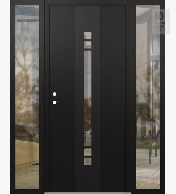 Modern Steel Front Door DIAMOND A4 68" X 80" BLACK/BLACK CLEAR GLASS PANEL BLACK RHI WITH 2 SIDELITES CLEAR GLASS