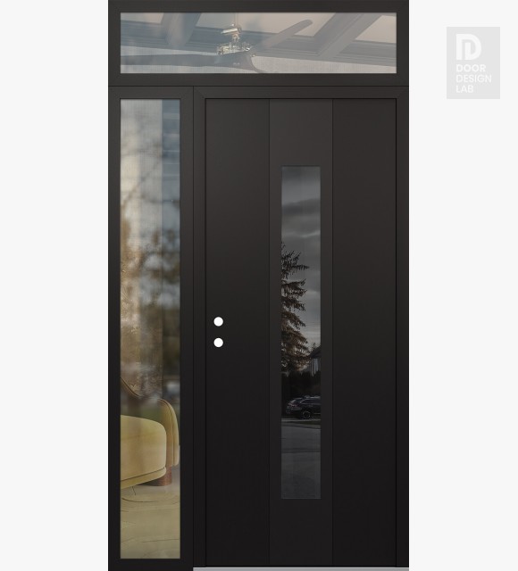 Modern Steel Front Door DIAMOND A1 50" X 96" BLACK/BLACK MIRRORED GLASS PANEL BLACK RHI WITH SIDELITE AND TRANSOM CLEAR GLASS