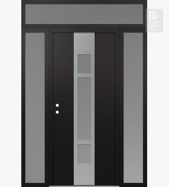 Modern Steel Front Door DIAMOND A9 64" X 96" BLACK/WHITE FROSTED GLASS PANEL STAINLESS STEEL RHI WITH 2 SIDELITES AND TRANSOM FROSTED GLASS
