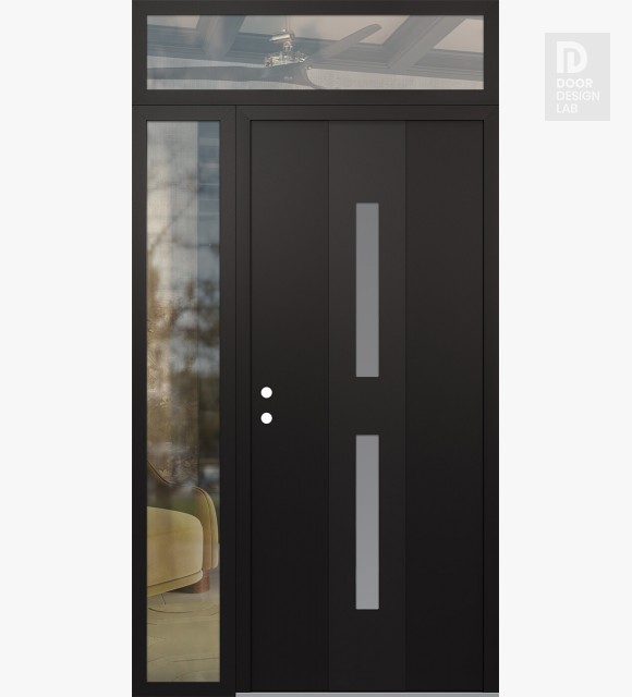 Modern Steel Front Door DIAMOND A6 50" X 96" BLACK/WHITE FROSTED GLASS PANEL BLACK RHI WITH SIDELITE AND TRANSOM CLEAR GLASS