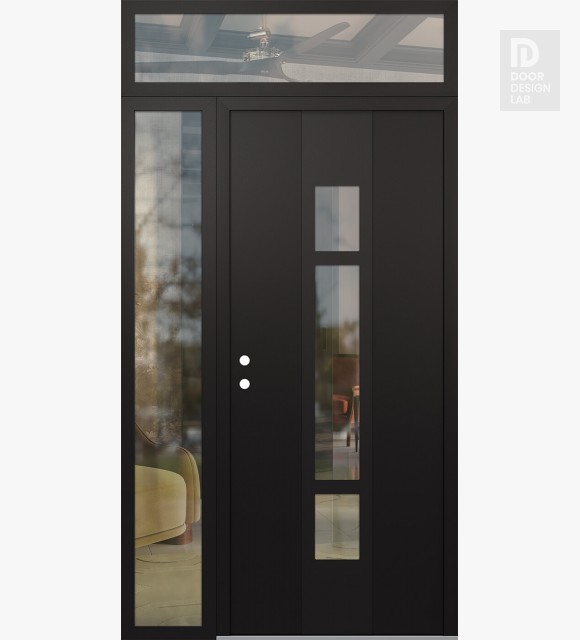 Modern Steel Front Door DIAMOND A9 50" X 96" BLACK/BLACK CLEAR GLASS PANEL BLACK RHI WITH SIDELITE AND TRANSOM CLEAR GLASS