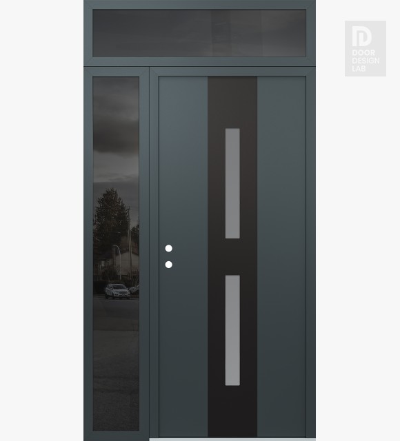 Modern Steel Front Door DIAMOND A6 48" X 96" ANTHRACITE/ANTHRACITE FROSTED GLASS PANEL BLACK RHI WITH SIDELITE AND TRANSOM MIRRORED GLASS