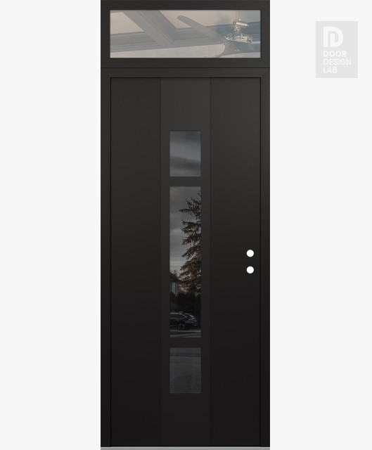 Modern Steel Front Door DIAMOND A9 36" X 96" BLACK/BLACK MIRRORED GLASS PANEL BLACK LHI WITH TRANSOM CLEAR GLASS