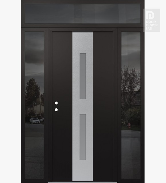 Modern Steel Front Door DIAMOND A6 68" X 96" BLACK/WHITE FROSTED GLASS PANEL STAINLESS STEEL RHI WITH 2 SIDELITES AND TRANSOM MIRRORED GLASS