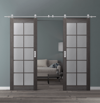 DOUBLE BARN DOOR PALLADIO 10 LITE VETRO GRAY OAK 64" X 80" X 1 9/16" TEMPERED FROSTED GLASS STAINLESS STEEL HARDWARE