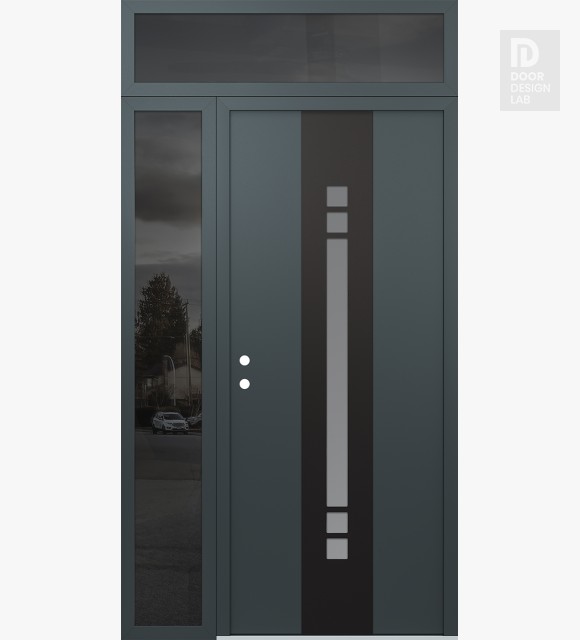 Modern Steel Front Door DIAMOND A4 52" X 96" ANTHRACITE/ANTHRACITE FROSTED GLASS PANEL BLACK RHI WITH SIDELITE AND TRANSOM MIRRORED GLASS