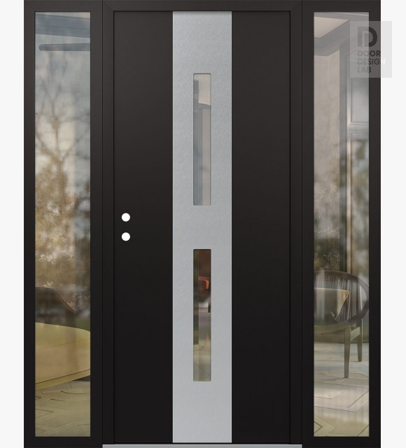 Modern Steel Front Door DIAMOND A6 64" X 80" BLACK/BLACK CLEAR GLASS PANEL STAINLESS STEEL RHI WITH 2 SIDELITES CLEAR GLASS