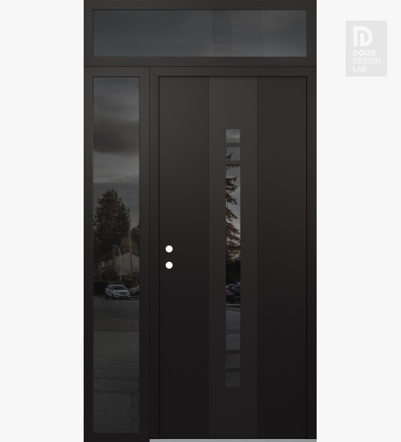 Modern Steel Front Door DIAMOND A4 48" X 96" BLACK/BLACK MIRRORED GLASS PANEL BLACK RHI WITH SIDELITE AND TRANSOM MIRRORED GLASS