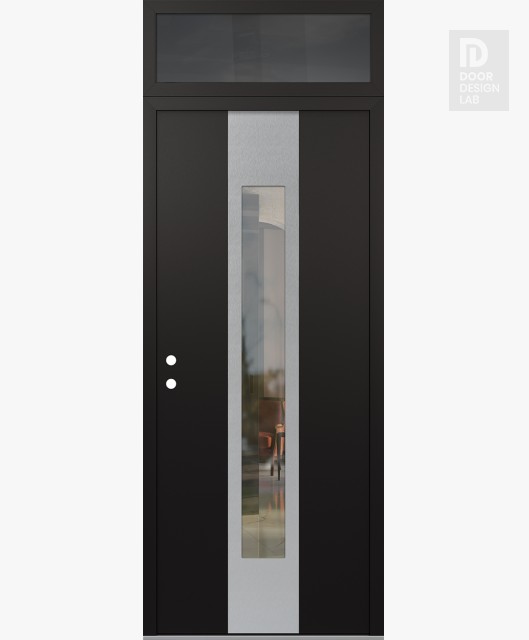 Modern Steel Front Door DIAMOND A1 36" X 96" BLACK/BLACK CLEAR GLASS PANEL STAINLESS STEEL RHI WITH TRANSOM MIRRORED GLASS