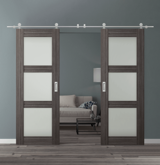 DOUBLE BARN DOOR PALLADIO 3 LITE VETRO GRAY OAK 72" X 84" X 1 9/16" TEMPERED FROSTED GLASS STAINLESS STEEL HARDWARE