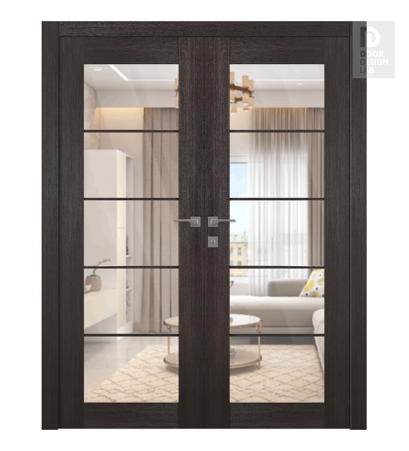 Avon 5 Lite Clear Vetro Veralinga Oak Modern Interior Double Swing Doors by Belldinni