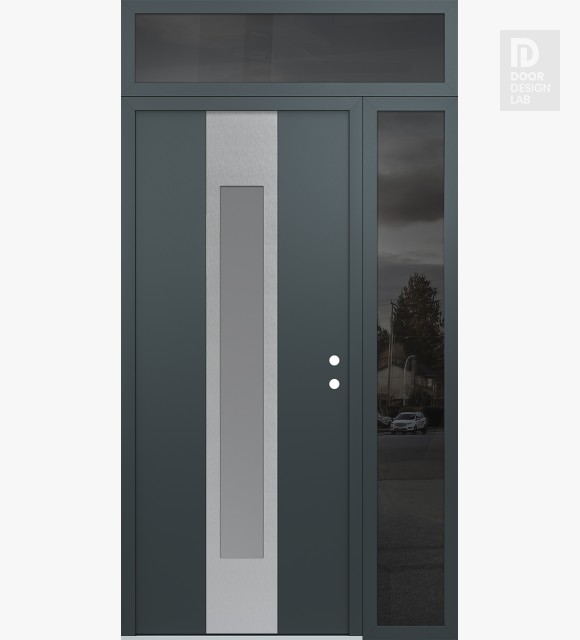 Modern Steel Front Door DIAMOND A1 52" X 96" ANTHRACITE/ANTHRACITE FROSTED GLASS PANEL STAINLESS STEEL LHI WITH SIDELITE AND TRANSOM MIRRORED GLASS