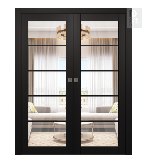 Avon 5 Lite Clear Vetro Black Matte Modern Interior Double Pocket Doors by Belldinni