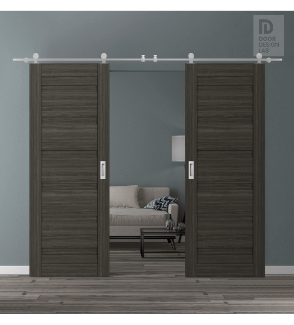 DOUBLE BARN DOOR LOUVER GRAY OAK 56" X 96" X 1 3/4" STAINLESS STEEL HARDWARE
