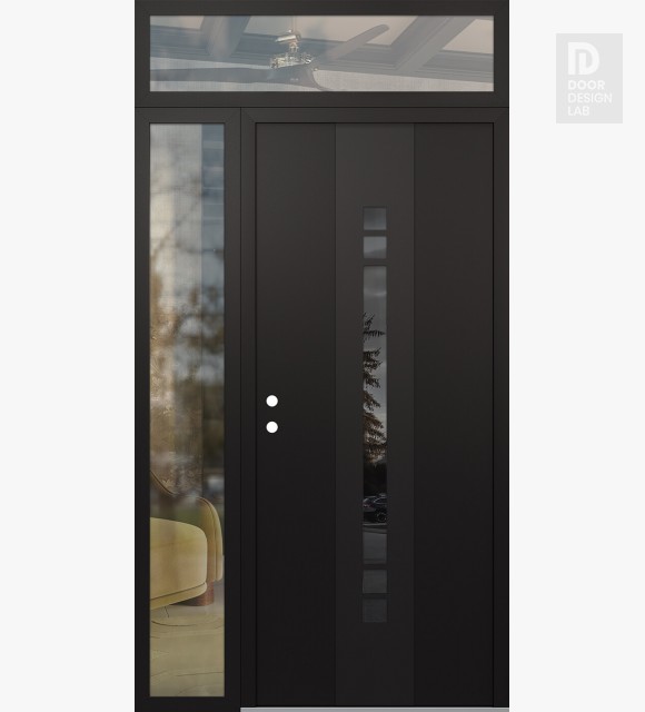 Modern Steel Front Door DIAMOND A4 52" X 96" BLACK/BLACK MIRRORED GLASS PANEL BLACK RHI WITH SIDELITE AND TRANSOM CLEAR GLASS
